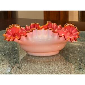 Antique Davidson White Cased Amber Crested
Ruffled Bowl